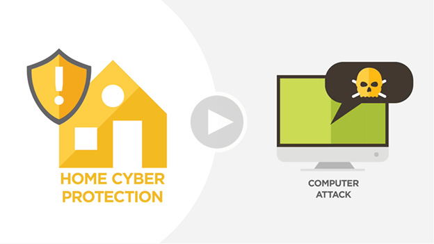A video play icon over a yellow house icon with an exclamation point and the words home cyber protection and a computer screen icon with a skull and crossbones icon with the words computer attack.