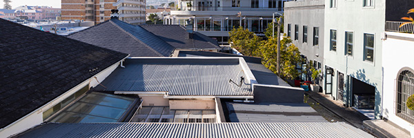 Various commercial building roofs in an urban area