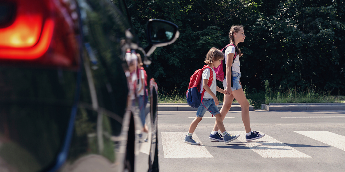 Pedestrian Safety And Car Driving Rules Boy Crossing The Street On